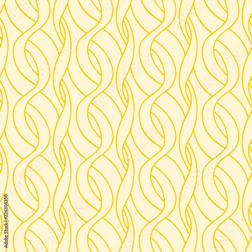 Seamless pattern of gold line, continuous waves, elegant curves on the yellow background, vector print for wallpaper, wrapping, textile