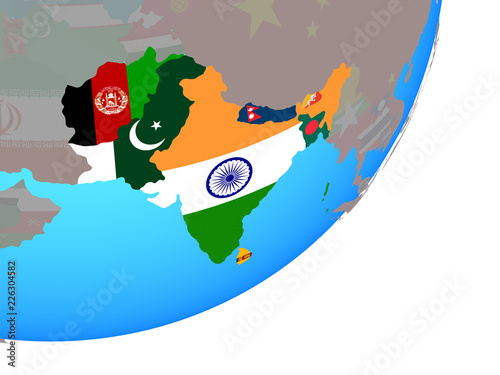 SAARC memeber states with embedded national flag on blue political globe. photo