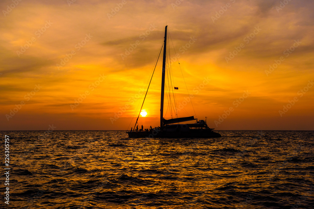 Sail boat in sunset, Phi Phi Leh islands, Andaman sea, Krabi, Th