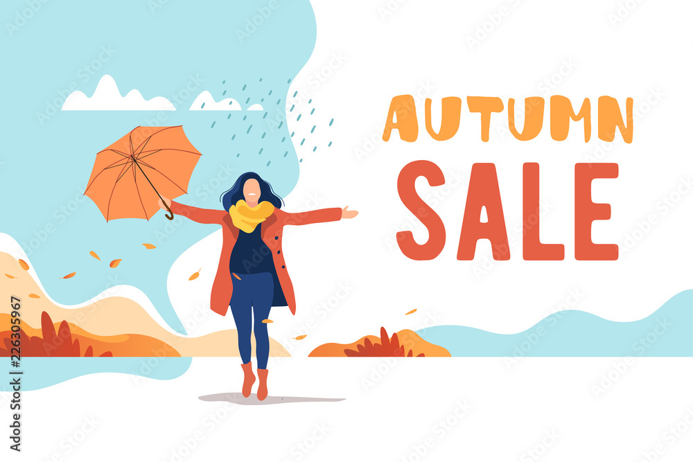 Autumn sale. Young happy woman with umbrella in a park. Vector illustration.