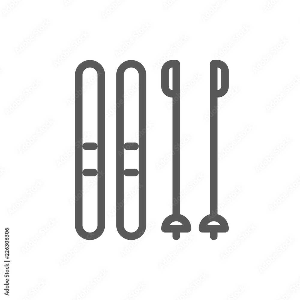 Pair of skis with sticks editable icon - thin line pictogram of winter sport equipment for active vacation concept.