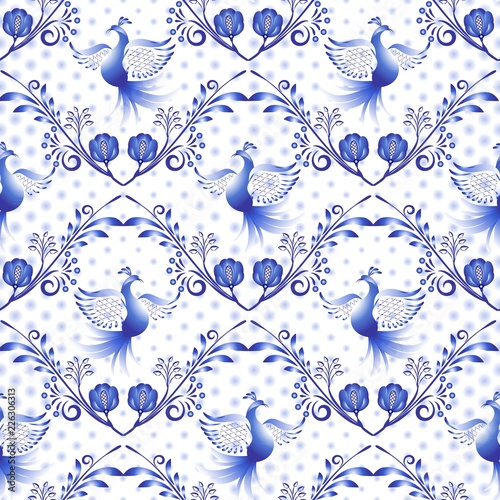Russian Gzhel pattern. National floral background, Seamless navy blue ornament with birds and dots in the style of traditional porcelain painting.