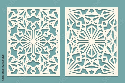 Die cut cards. Laser cut ornamental panel with snowflakes pattern. Cutout silhouette with winter ornament Suitable for printing, engraving, cutting paper, metal, stencil making.