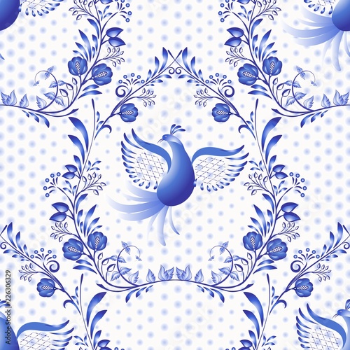 Blue seamless pattern. Floral background with birds and dots in the style of national porcelain painting.
