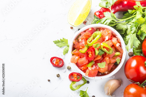 Traditional Latin American mexican salsa sauce and ingredients o