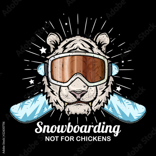 Tiger in ski goggles and crossed snowboard.