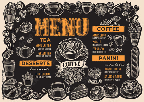 Coffee drink menu for restaurant with frame of hand-drawn fruits.