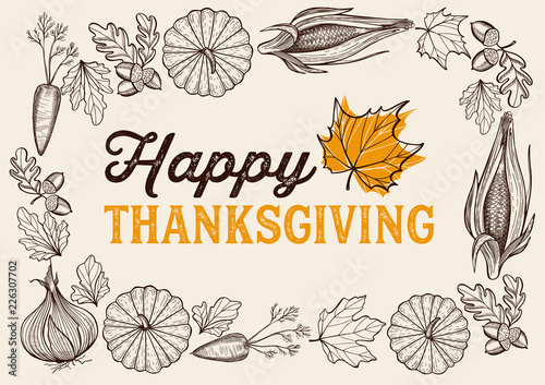 Happy thanksgiving day background with lettering and illustrations.