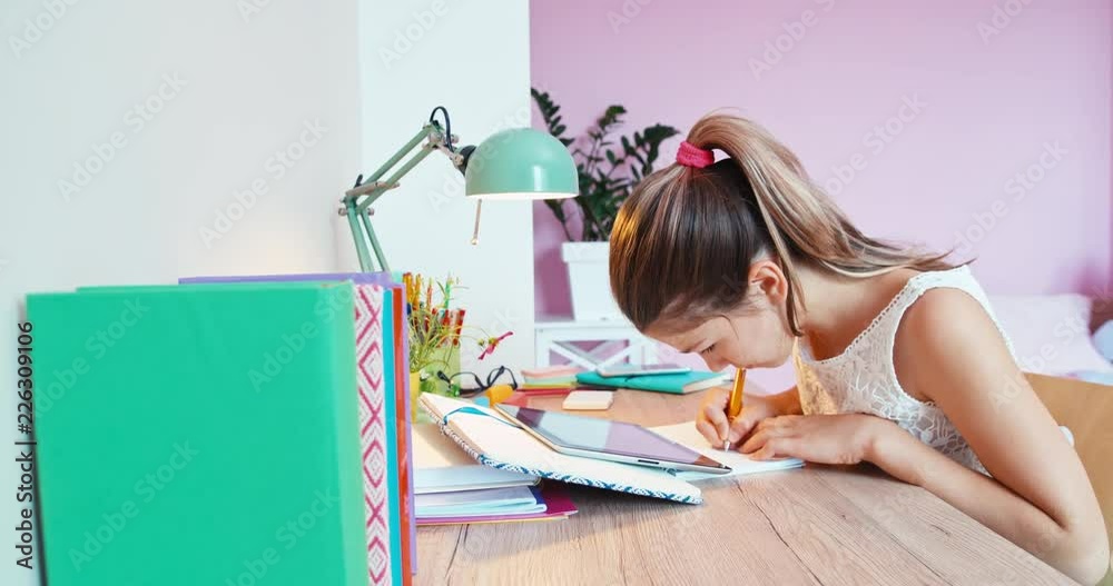 Smiling girl writing in notebook, doing homework Smiling girl writing in notebook, doing homework