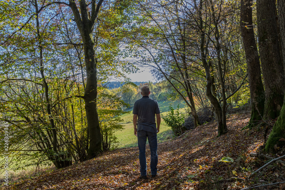 Wanderer auf einem einsamen Weg in einem Laubwald Wanderer auf einem einsamen Weg in einem Laubwald