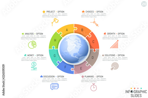 Eight lettered jigsaw puzzle pieces located around globe. 8 steps to success on global market, international business chain concept. Minimal infographic design layout. Vector illustration for report.