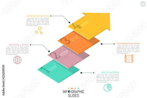 Creative infographic design template. Four numbered elements in shape of flat arrows placed one above other. 4 steps to business project completion concept. Vector illustration for presentation.