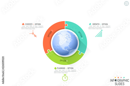 Three colorful jigsaw puzzle pieces placed around planet. 3 features of global supply chains concept. Simple infographic design layout. Vector illustration for report, brochure, presentation, website.