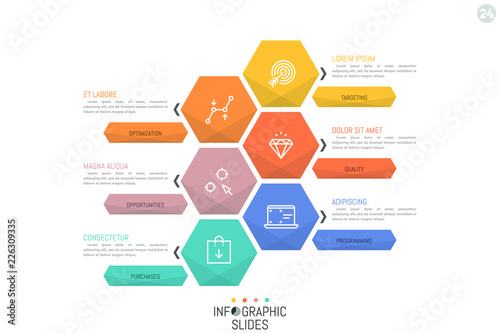 Simple infographic design layout. Six multicolored hexagonal elements, pictograms and arrows pointing at text boxes. Corporate website menu concept. Vector illustration for presentation, brochure.