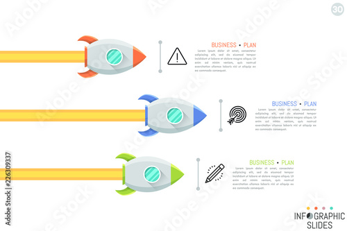 Modern infographic design layout. Three space rockets flying to right, pictograms and text boxes. Business competition or contest concept. Vector illustration for presentation, brochure, website.