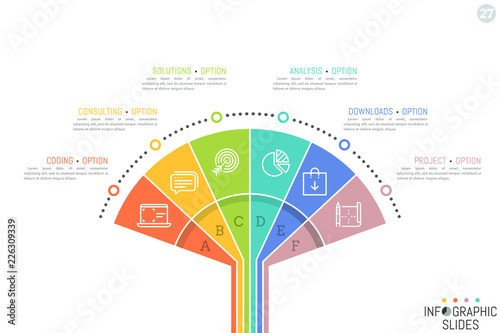 Minimal infographic design template. Fan diagram divided into 6 sectoral elements, pictograms and text boxes. Six features of software development company concept. Vector illustration for website.