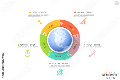 Five connected jigsaw puzzle pieces and planet in center. Features of multinational company, global business problems concept. Infographic design template. Vector illustration for report, website.