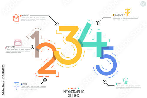 Creative Infographic design template, five colorful figures connected with icons and text boxes. Mathematics and calculation concept. Vector illustration for presentation, report, brochure, website.
