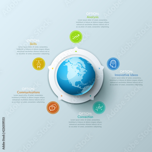 Creative Infographic design layout with globe in center, 5 arrows pointing at circular elements and text boxes. Five features of international relations concept. Vector illustration for presentation.