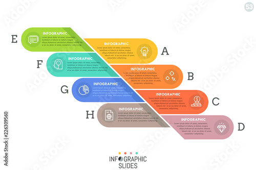 Simple infographic design template with colorful rounded elements divided into 8 lettered parts. Eight features of business process concept. Vector illustration for website, presentation, report.