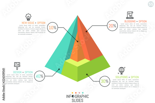 Pyramid divided into 4 parts of different color, percentage indication, thin line icons and text boxes. Simple infographic design template. Cutaway diagram concept. Vector illustration for brochure.