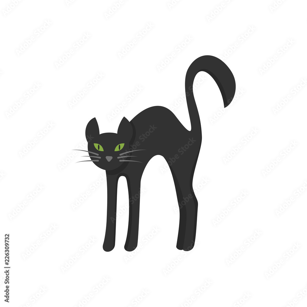 Angry black cat line and solid icon, halloween concept, hissing