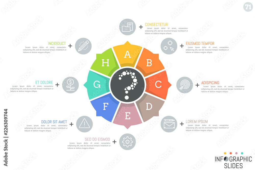 Round chart divided into 8 lettered sectors with arrows pointing at ...