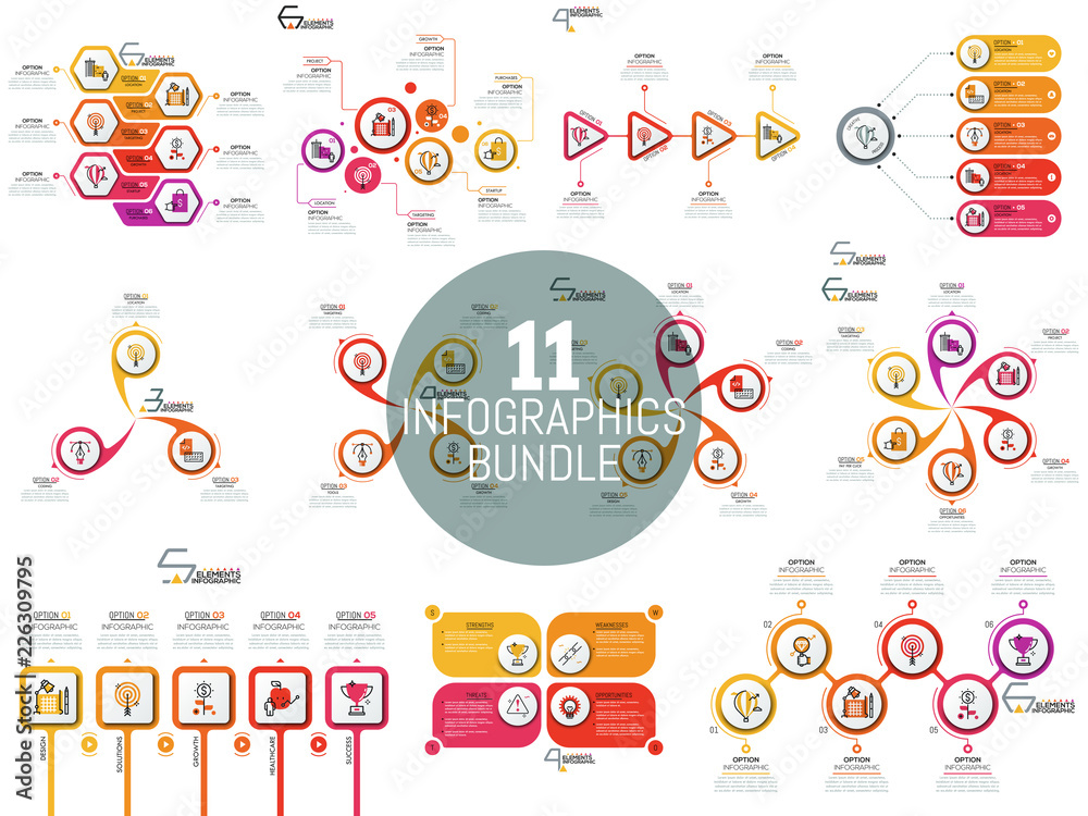 Fototapeta premium Big bundle of minimal infographic templates, diagrams and charts. Circular and polygonal elements with linear icons and text boxes. Vector illustration for presentation, report, website, brochure.
