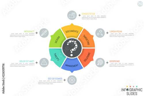 Circular diagram divided into 6 sectors with arrows pointing at icons and text boxes. Simple infographic design layout. Frequently asked questions concept. Vector illustration for website, user guide.