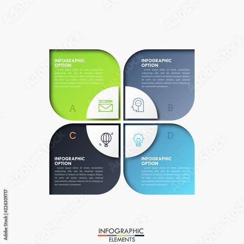 Four lettered rectangular elements and circle divided into 4 sectors in center, thin line icons and text boxes. Features of business process concept. Infographic design layout. Vector illustration.