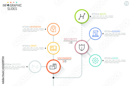 Workflow chart with round elements, icons and text boxes connected by lines. Task completion process visualization concept. Minimal infographic design layout. Vector illustration for website, report.