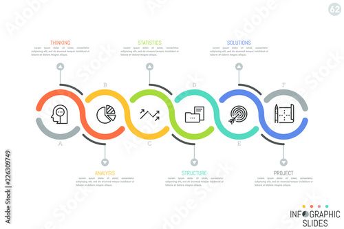Six successively connected lettered round elements, icons and text boxes. Horizontal diagram. Simple infographic design layout. Vector illustration for presentation, website, corporate report, banner.