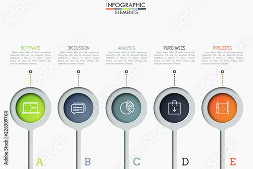 Five separate round elements with thin line icons inside and text boxes. Steps to software product release concept. Creative infographic design layout. Vector illustration for website, presentation.
