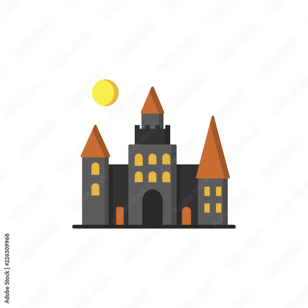 Dracula s Castle icon. Isolated on white background. Halloween castle with orange windows and moon over it. Design element for Halloween. Vector illustration in flat style for your design.