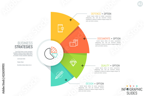 Semicircle with 4 overlapping colorful sectors, icons and text boxes. Business strategies and strategic development options concept. Infographic design layout. Vector illustration for presentation.