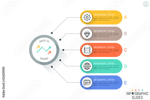 Five rounded rectangles connected with main circular element, thin line icons and text boxes. Steps to product release concept. Simple infographic design template. Vector illustration for website.