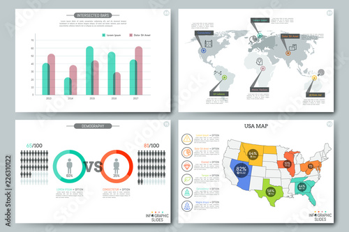 Simple infographic templates. Bar chart, world and USA maps with pins and percentage indication, elements for demographic proportion visualization. Vector illustration for presentation, website.