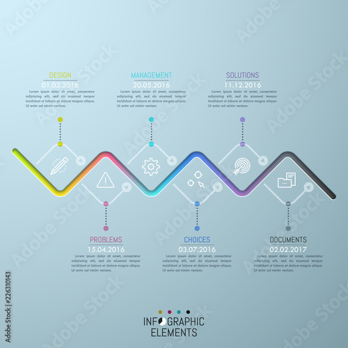 Zigzag horizontal timeline and 6 thin line icons connected by dotted lines with text boxes and date indication. Company's development progress. Unusual infographic design layout. Vector illustration.