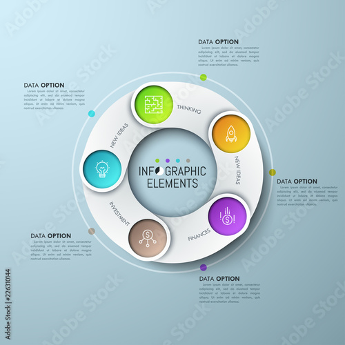 Ring-shaped chart with 5 overlapping elements, thin line pictograms and text boxes. Five successive steps of of idea creation and realization concept. Infographic design layout. Vector illustration.