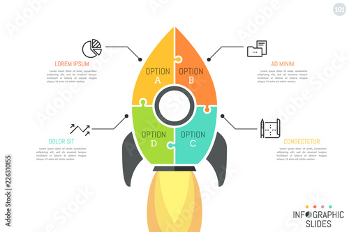 Simple infographic design layout, jigsaw puzzle in shape of space rocket flying up divided into 4 multicolored parts. Successful startup launch concept. Vector illustration for website, presentation.