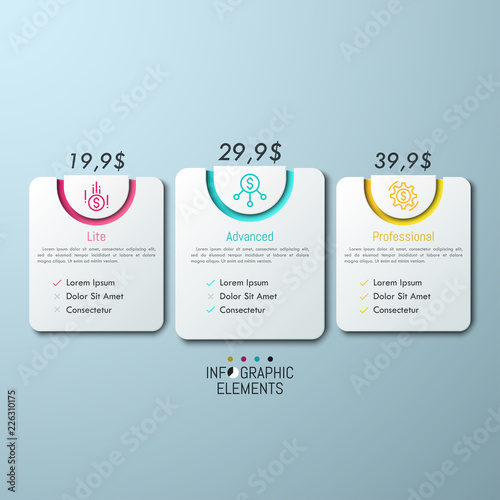 3 rounded rectangles with price indication, icons, place for information and check list. Pricing and subscription plans concept. Elegant infographic design template. Vector illustration for website.