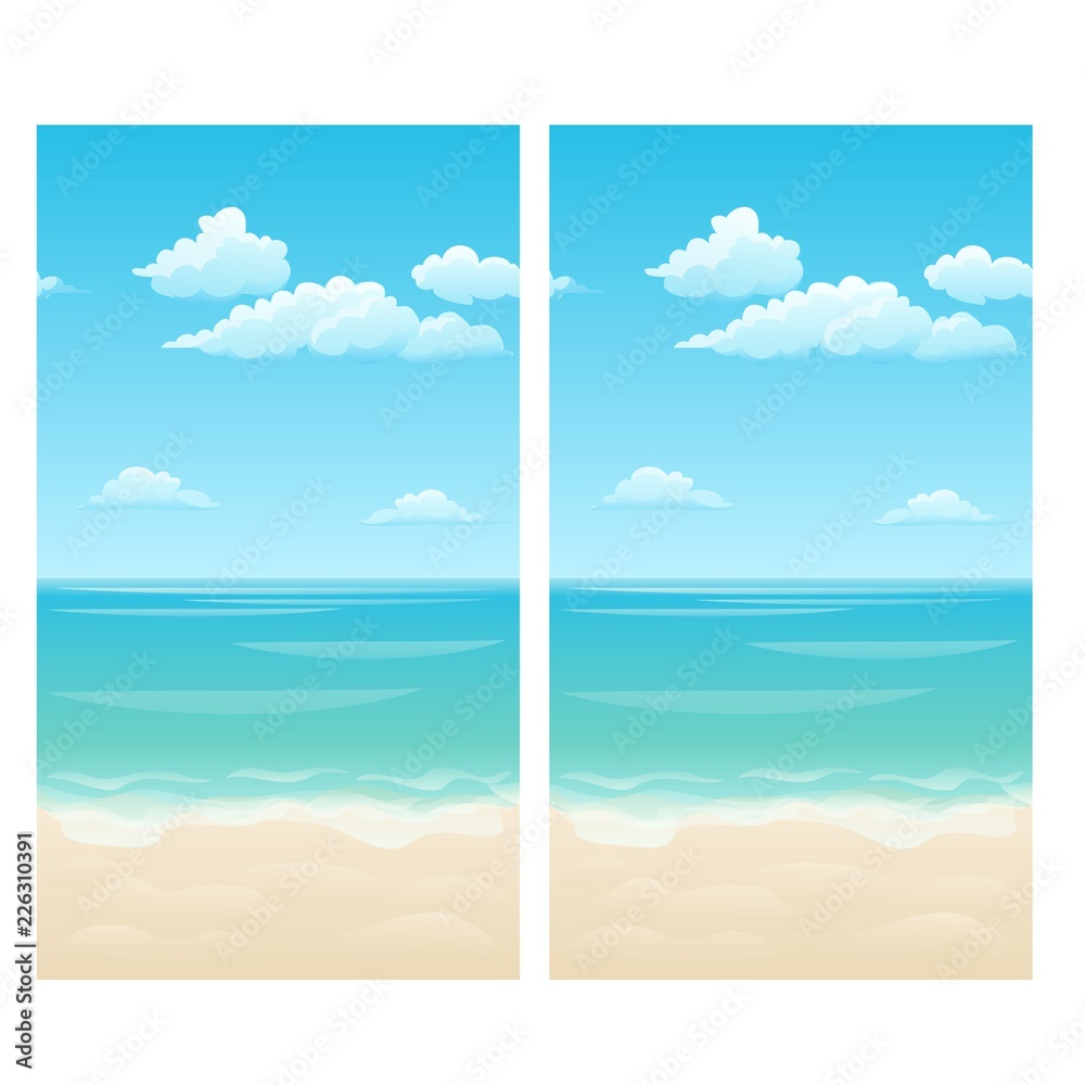 Seamless background with clouds in the sky, the sea and the sandy shore. Vector cartoon close-up illustration.