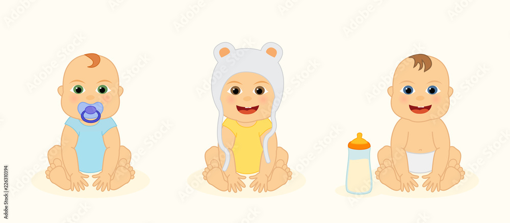 Set with cute happy little newborn baby, funny cartoon character, vector isolated illustration. Set with cute happy little newborn baby, funny cartoon character, vector isolated illustration.