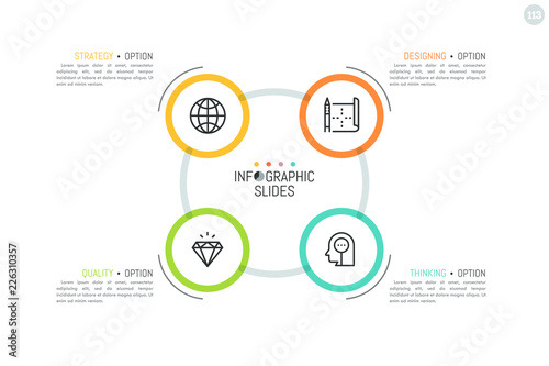 Round flowchart with 4 multicolored circular elements, linear icons inside and text boxes. Minimalistic infographic design layout. Production cycle concept. Vector illustration for report, banner.