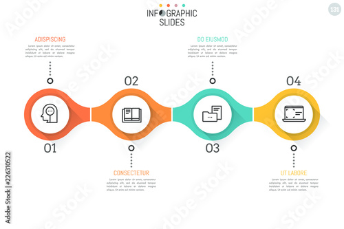 4 numbered round elements with thin line icons inside successively connected into horizontal chain. Minimal infographic design template. Vector illustration for presentation, banner, website, report.