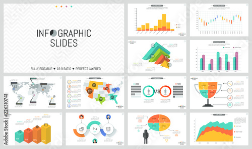Set of minimal infographic design layouts. World and USA maps with marks, bar charts, jigsaw puzzle and 3d diagrams, thin line icons and text boxes. Vector illustration for presentation, brochure.