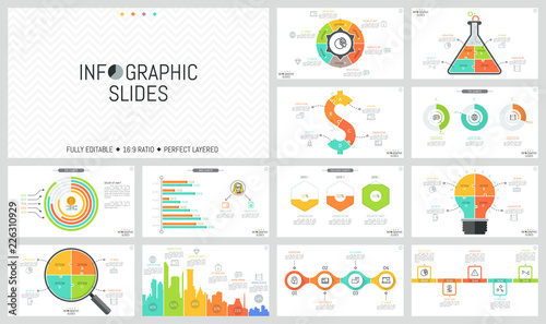 Set of minimal infographic design layouts. Pie and bar charts, jigsaw puzzle diagrams of different shapes, timelines, thin line icons and text boxes. Vector illustration for website, presentation.