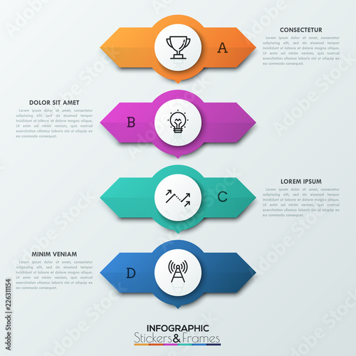 Four circular elements placed one above other with two arrows pointing in opposite directions, letters and text boxes. 4 double-sided pointers concept. Infographic design layout. Vector illustration.