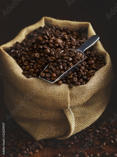 Close up of coffee beans in sack