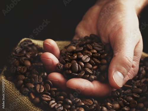 Close up of man's hand full of coffee beans photo